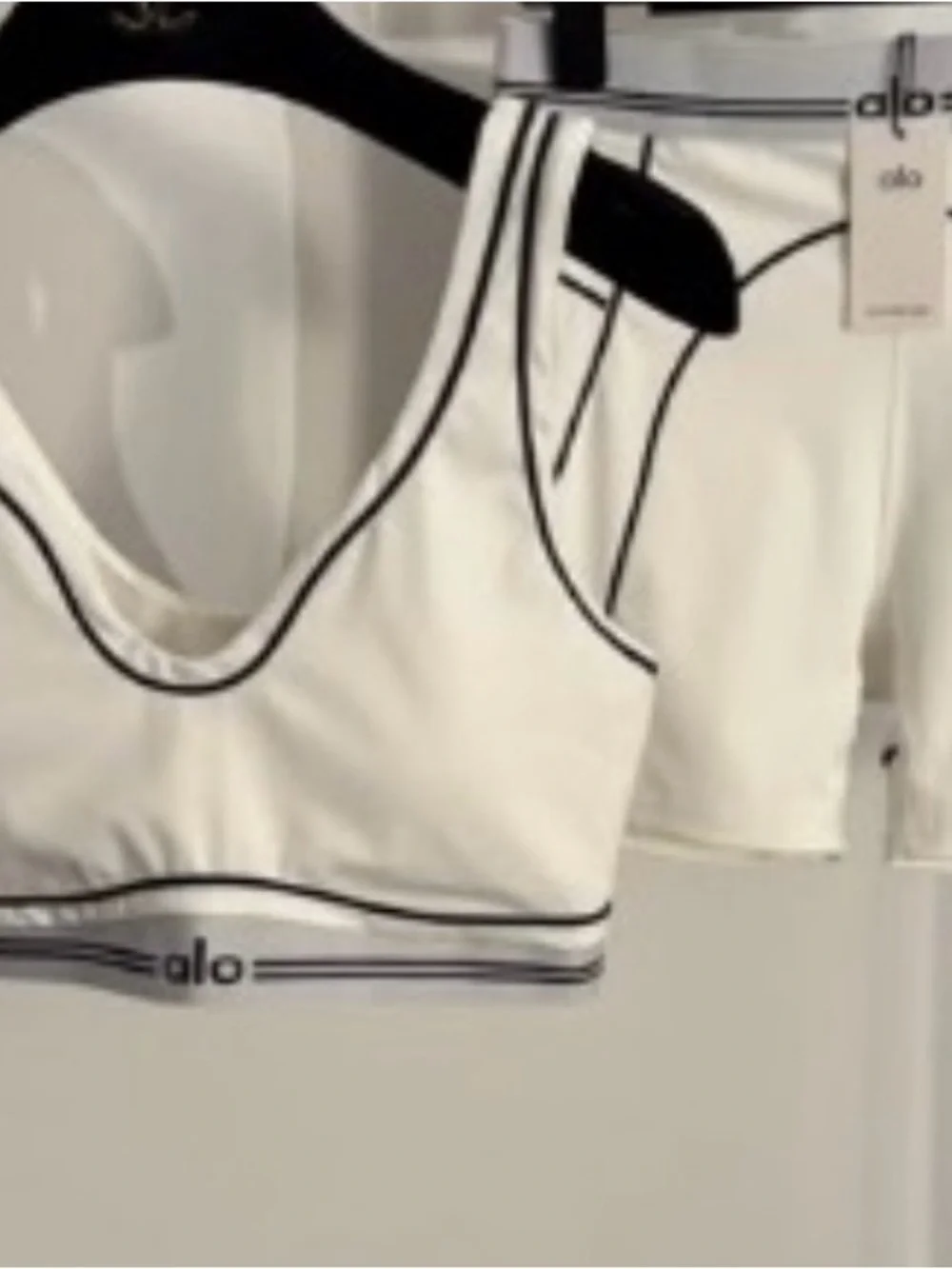 ALO Yoga White Sports Bra & Shorts Set with Black Contrast Piping